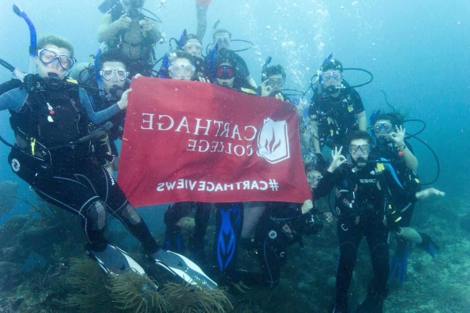学生们手持<a href='http://djf74.ldmuyj.com'>博彩网址大全</a>旗帜，在j学期洪都拉斯游学之旅中潜水.